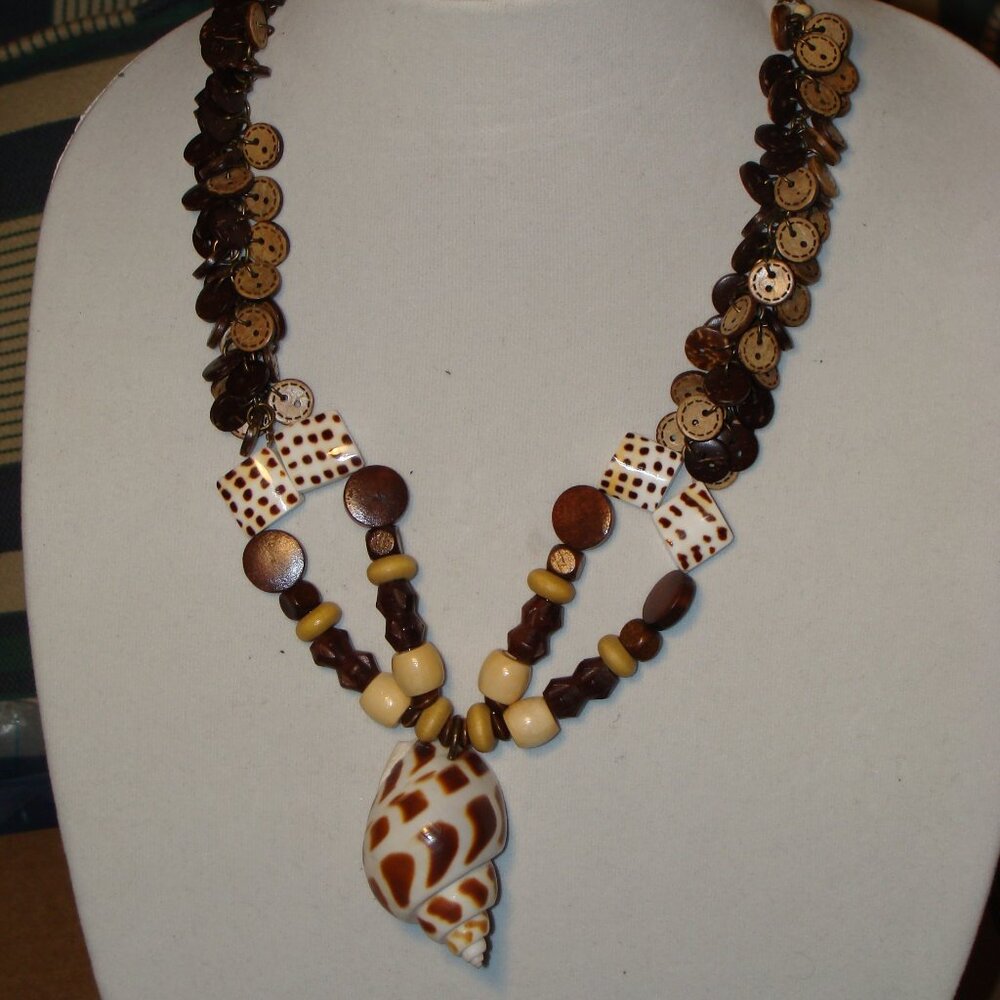 Custom Jewelry, White & Brown Speckled Shell Pendant with Wood & Shell Accents